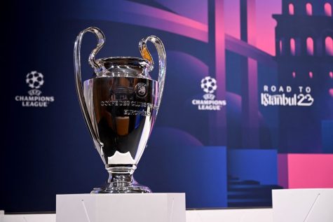 The UEFA Champions League trophy is pictured before the draw for the round of 16 of the 2022-2023 UEFA Champions League football tournament in Nyon on November 7, 2022. (Photo by Fabrice COFFRINI / AFP) (Photo by FABRICE COFFRINI/AFP via Getty Images)